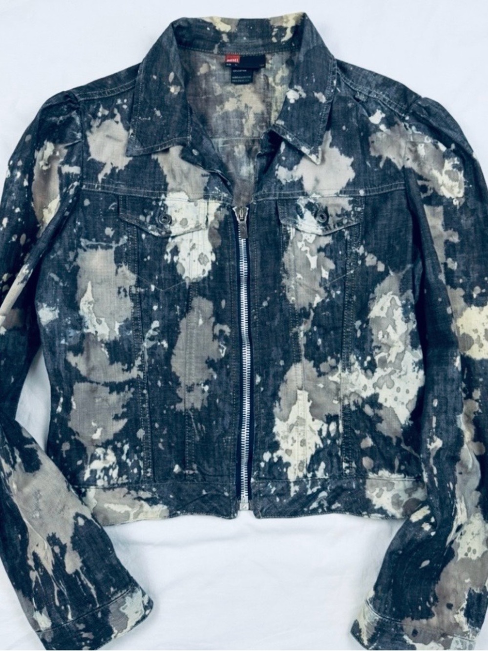 Vintage Diesel Bleach Splatter Denim Jacket Y2K Puff Sleeve Womens XL